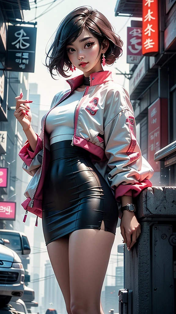 A woman in a short skirt and jacket posing for a photo., cyberpunk art by Raymond Han, Trends in CG society, Digital art, Chinese woman, korean girl, beautiful asian woman, asian woman, young asian girl, attractive girl, beautiful asian woman, korean woman, Chinese woman, beautiful south korean woman, gorgeous young korean woman, beautiful young korean woman, asian woman