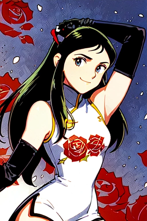 (masterpiece:1.5), best quality, (1girl, solo)(,1990s (style):1),
ginrei,( giant robo),  black hair, Long Straight hair, gloves, dress, white chinese clothes, china dress,   (embroidery  single rose petals), (black elbow gloves:1.4),embroidered left breast, high heels, tsuruya, retro artstyle, silhouette, (black gloves:1.4), short dress,high heels,
smile, closed mouth, 
blush,((( midd night, night sky, )))
(simple background),(( upper body, cowboy shot , dynamic pose, looking at viewer, ))