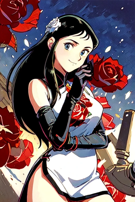 (masterpiece:1.5), best quality, (1girl, solo)(,1990s (style):1),
ginrei,( giant robo),  black hair, Long Straight hair, gloves, dress, white chinese clothes, china dress,   (embroidery  single rose petals), (black elbow gloves:1.4),embroidered left breast, high heels, tsuruya, retro artstyle, silhouette, (black gloves:1.4), short dress,high heels,
smile, closed mouth, 
blush,((( midd night, night sky, )))
(simple background),(( upper body, cowboy shot , dynamic pose, looking at viewer, ))