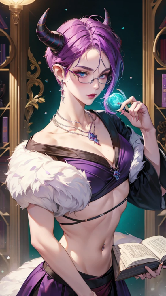 8k, masterpiece, best quality, highly detailed, 1 girl, tiefling, warlock, pixie cut, multicolored hair, very short straight hair red highlight hair on white hair, strippled hair, wearing glasses, round glasses, earrings, navel piercing, red eyeshadow, long eyelashes, blushed cheek, red lips, pearl necklace, rings, collarbone, mole on face, glamorous, teal and purple clothes, miniskirt, smirk, close up view, rings, looking at viewer, demon horns, solo, blue pale moon, standing, royal dress, devil books.