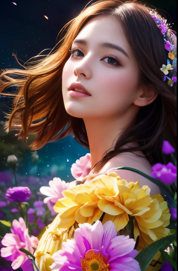 masterpiece, (Highest quality), ((Most detailed,Ultra high definition)), Depth of written boundary, Beautiful girl, Beautiful Face, nature, Spirit, flower, Colorful landscapes, Flowers, Glowing Dress, element, Special Art,