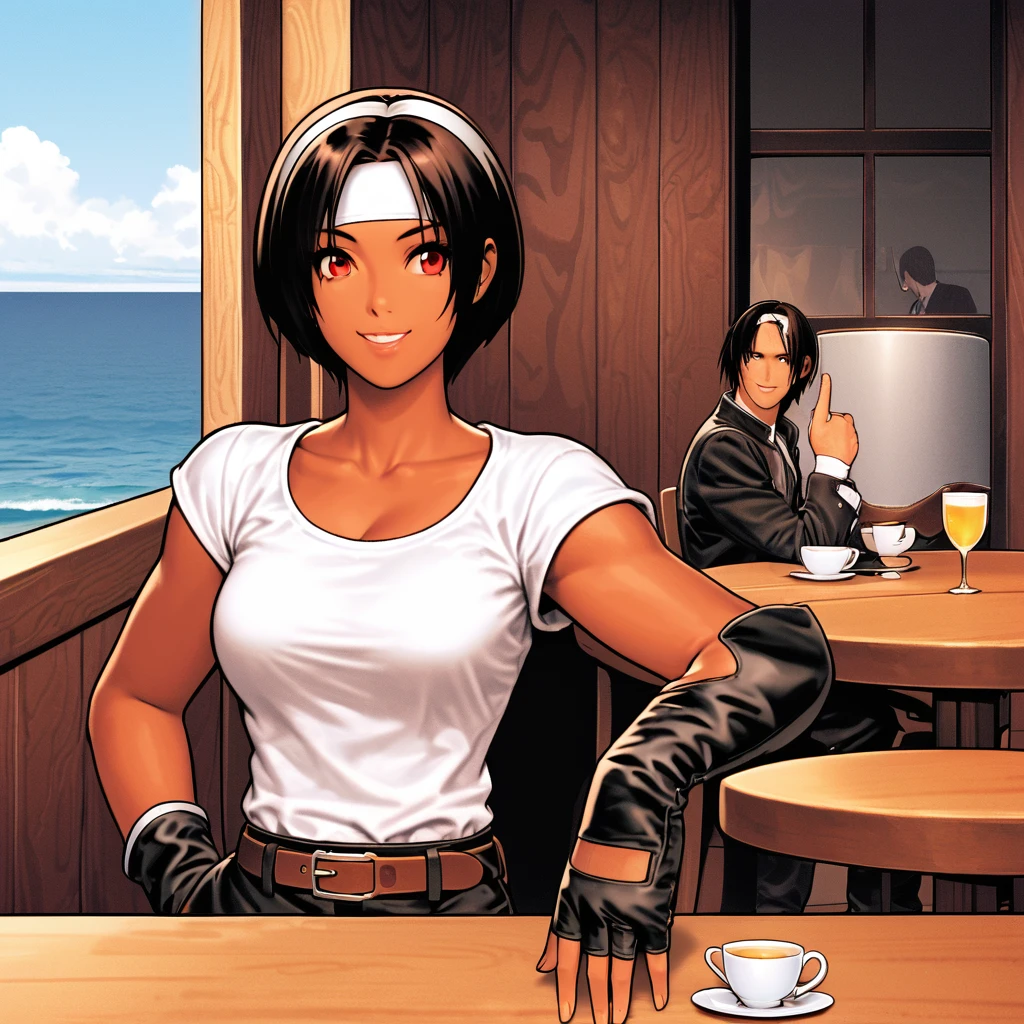Frivolous,single,woman,short hair,Black Hair,Dark Skin, ((White headband on forehead)),Red eyes,Black jacket(Roll up your sleeves),Fingerless gloves,White T-shirt,Black pants,White shoes,Brown belt,cute,Indoor person,Talking happily,You can see the ocean,Slightly large breasts,Outdoor,high quality,. Well-proportioned face、fine texture、A confident smile、Terrace Restaurant、Dining with friends、Drinking alcohol。