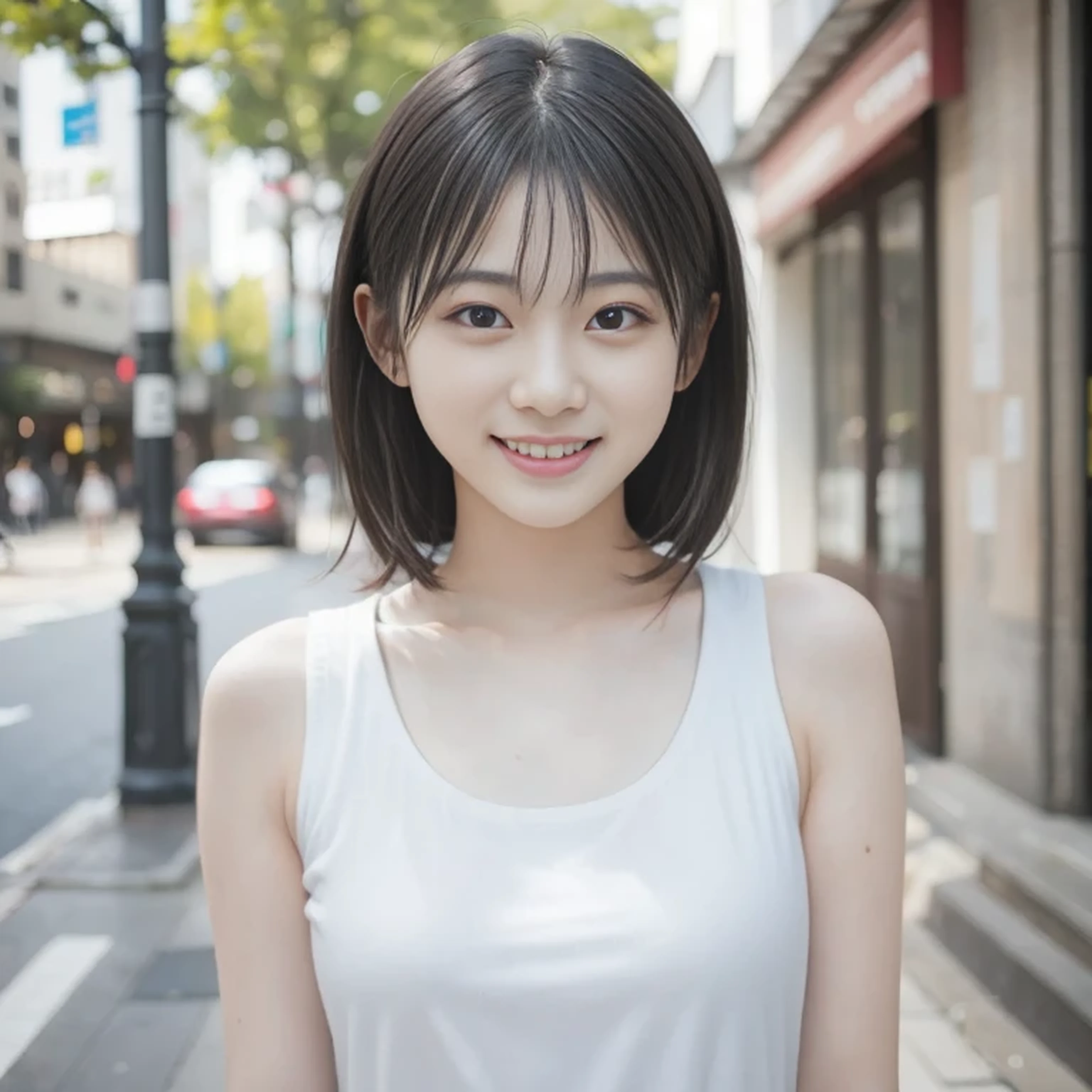 Highest quality、Ultra-high resolution、Beautiful woman、cute、alone、Japanese women。15-year-old student、high school student、smile。Beautiful young female model。Bright expression、Photorealism、Extraordinary beautiful girl、Beautiful expression、(PurerosFace)、Glowing White Skin、Light brown straight hair、Thin Hair、Attractive and beautiful brown eyes、double eyelid、Stylish girl, Healthy Face。Skin care cosmetics、Professional Lighting。2024, Popular clothes for spring, Tokyo, The background is Shibuya