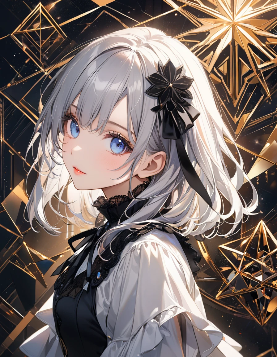 (digital art:0.5),(geometric art:1.7),(top-quality),(masterpiece),Delicately drawn face,girl with a pretty face,beautiful detailed blue eyes,Gothic ta Fashion,((Black and white costume)),(Beautiful silky silver hair:1.2),black ribbon hair ornament,Film Lighting,abstract,a beautiful artistic illustration,geometric background