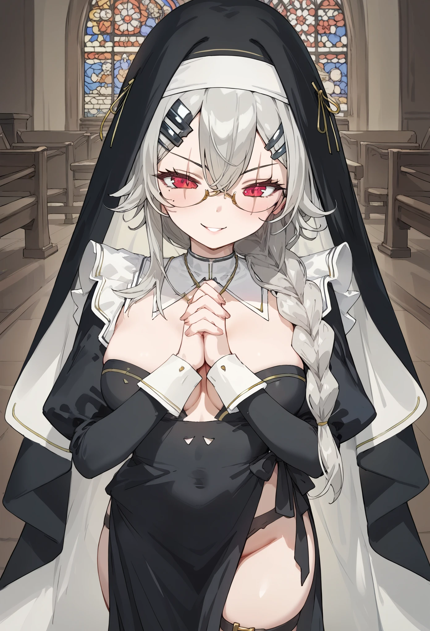 score_9, score_8_up, source_anime, 1girl, solo, SarueiNun, grey hair, glasses, scar across eye, long hair, braid, hairclip, nun, nun habit, detached collar, necklace, cleavage, black dress, side slit, thigh strap, black thighhighs, church, own hands clasped, smile,