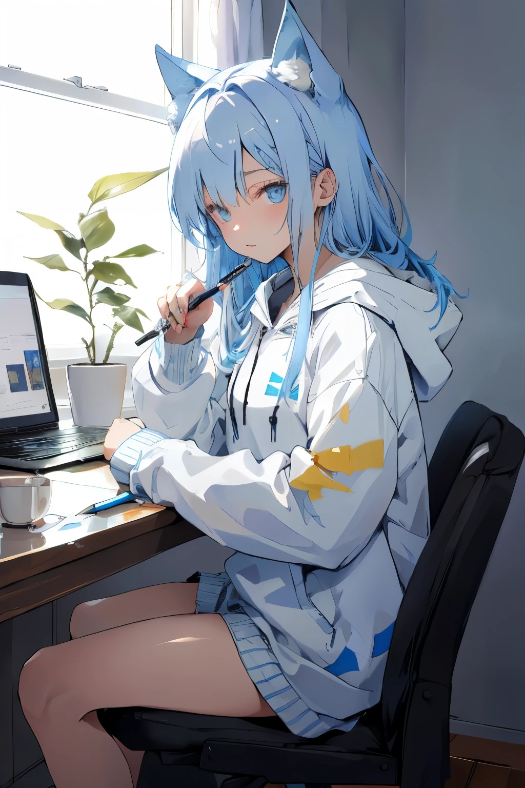 ((Лучшее качество)), ((шедевр)), (подробный), 1 девушка, catgirl. light blue eyes. light blue hair. draws. easel, white hoodie, sits. long hair, holds pen