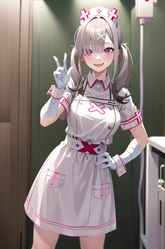 masterpiece, best quality, highres, sk1, white gloves, bandages, white apron, short sleeves, nurse, bandaged arm, wrist cuffs, white dress, fangs, cowboy shot, standing, hospital bed, smile, hand on hip,