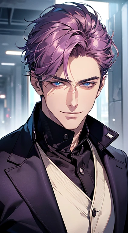 (best quality, masterpiece, 8K, photorealistic, cinematic lighting, 1:4 hdr image, ultra detailed, beautiful image), a mature man, 35 years very handsome, ((cold expression smile in love)), short  purple hair, blue eyes, face perfect without mistakes, ((buttoning his jacket, CEO)), smile.