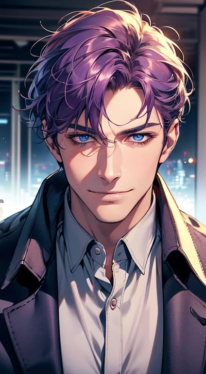 (best quality, masterpiece, 8K, photorealistic, cinematic lighting, 1:4 hdr image, ultra detailed, beautiful image), a mature man, 35 years very handsome, ((cold expression smile in love)), short purple hair, blue eyes, face perfect without mistakes, ((buttoning his jacket, CEO)), smile.