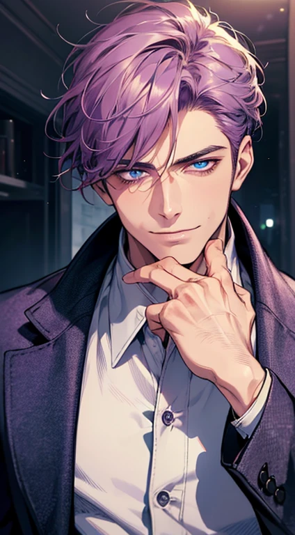 (best quality, masterpiece, 8K, photorealistic, cinematic lighting, 1:4 hdr image, ultra detailed, beautiful image), a mature man, 35 years very handsome, ((cold expression smile in love)), short purple hair, blue eyes, face perfect without mistakes, ((buttoning his jacket, CEO)), smile.