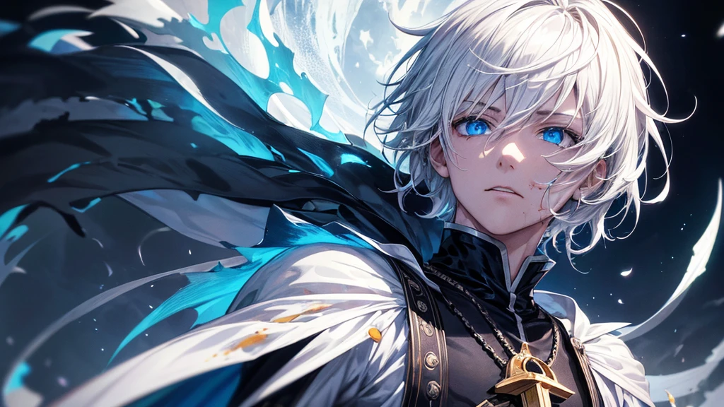Boy, handsome, short white hair, (masterpiece:1.2、highest quality), (Exquisite blue eyes: 1.2), (Detailed Background、Dark fantasy), (cool detailed face), High Contrast, (Best lighting、Very delicate and cool), ((Cinema Lighting)), black coat with white dirty cloth, blood splatter, traveler, Hyper Detail, Dramatic Light, Intricate details, serious face, moon behind (25 years old, 1 boy, solo, white short hair, messy hair, pony in left ,Sharp Face, blue eyes, hair between the eyes, Dynamic), (Blood splatter:1.4), Black light swirling around the character, Depth of written boundary, blue light particles, Nightcore, black magician, Spectacular anime style, zerochan art, Anime Wallpaper, Burning, High quality anime art style, Key Anime Art