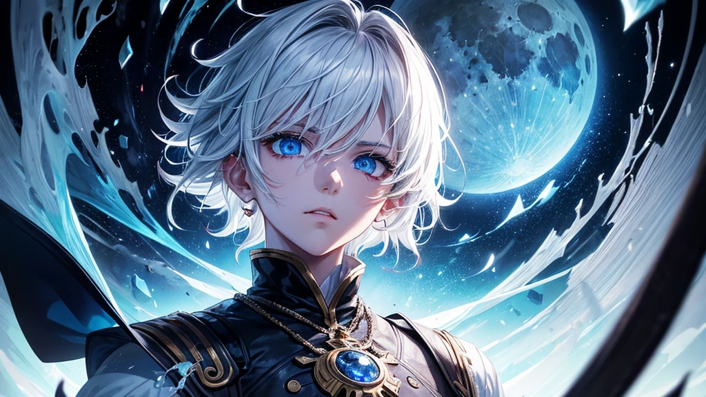 Boy, handsome, short white hair, (masterpiece:1.2、highest quality), (Exquisite blue eyes: 1.2), (Detailed Background、Dark fantasy), (cool detailed face), High Contrast, (Best lighting、Very delicate and cool), ((Cinema Lighting)), black coat with white dirty cloth, blood splatter, traveler, Hyper Detail, Dramatic Light, Intricate details, serious face, moon behind (25 years old, 1 boy, solo, white short hair, messy hair, pony in left ,Sharp Face, blue eyes, hair between the eyes, Dynamic), (Blood splatter:1.4), Black light swirling around the character, Depth of written boundary, blue light particles, Nightcore, black magician, Spectacular anime style, zerochan art, Anime Wallpaper, Burning, High quality anime art style, Key Anime Art