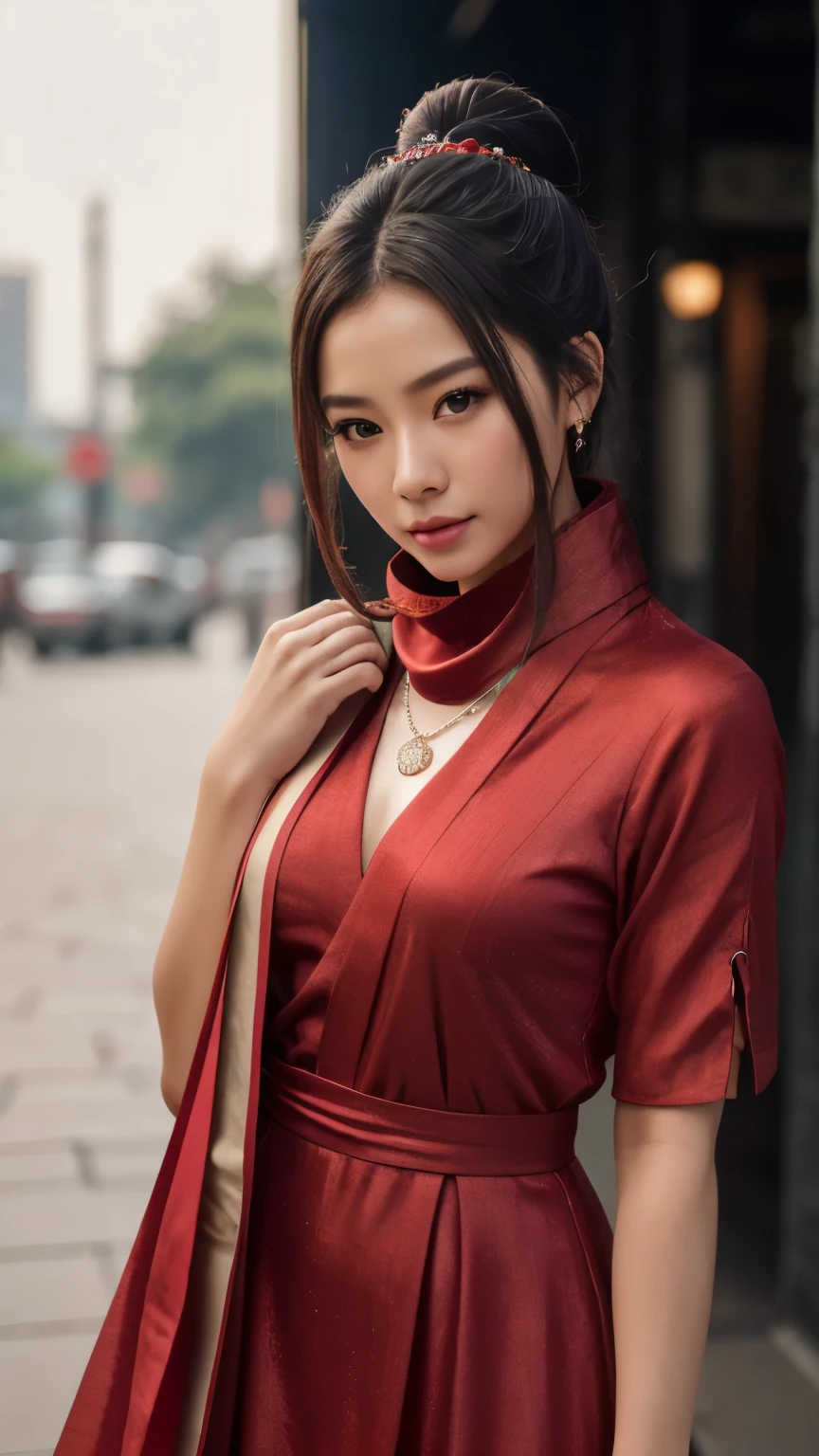 best quality, masterpiece, highres, 1girl, china hanfu,chinese architect background, red scarf, hair ornament,necklace, jewelry,Beautiful face,upon_body, tyndall effect,photorealistic, dark studio, rim lighting, two tone lighting,(high detailed skin:1.2), 8k uhd, dslr, soft lighting, high quality, volumetric lighting, candid, Photograph, high resolution, 4k, 8k, Bokeh,red dress girl