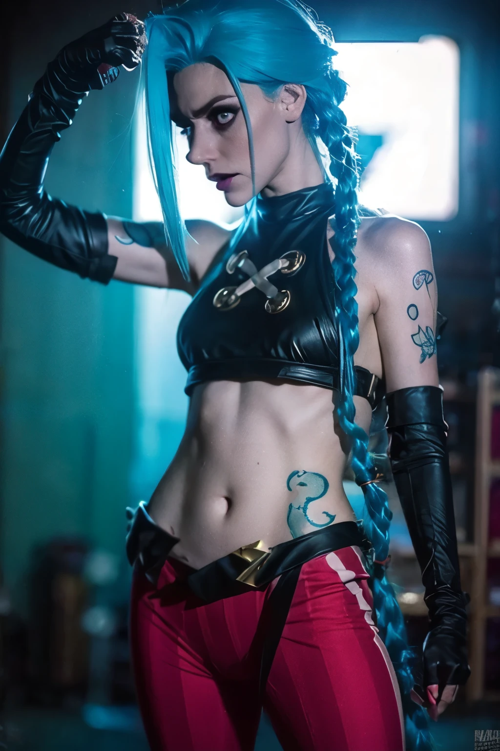 Hyper realistic super detailed Jinx cosplay , ((Young girl, 15 years old)), Very detailed, (hyper realistic: 1.4), in dynamic pose, (((angry face))), twin braids, long hair, blue hair, red eyes, tattooed, ((skinny Body)), ((angry face)), arcane style. ((Cinematic Explosion background,  cinematic lighting)).