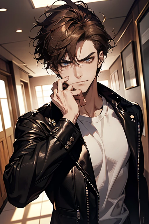 (tmasterpiece, high resolution, ultra - detailed:1.0), (1 male, masculine face), Perfect male body, Adult male, Delicate eyes and delicate face, Extremely detailed CG, Unity 8k wallpaper, Complicated details, Detailed face, (brown hair, messy hair, serious faces, white T-shirt,Bad students), (frown,evil smile:1.3), hand in pocket, school corridor,black leather jacket, color difference, Depth of field, dramatic shadow, Ray tracing, Best quality, Cinematic lighting, offcial art,Portrait