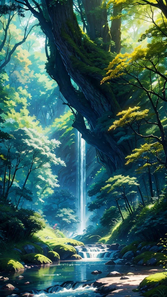 Viral anime nature wallpaper in 4K quality, in the style of digital illustration inspired by Hayao Miyazaki, featuring a serene forest with towering ancient trees, dappled sunlight filtering through the leaves, a gentle stream flowing through the scene, and mystical creatures peeking from behind the foliage; vibrant and warm color temperature, cosmos lighting with stars twinkling in the sky, no human characters, the atmosphere is tranquil and enchanting –v 5 –stylize 1000