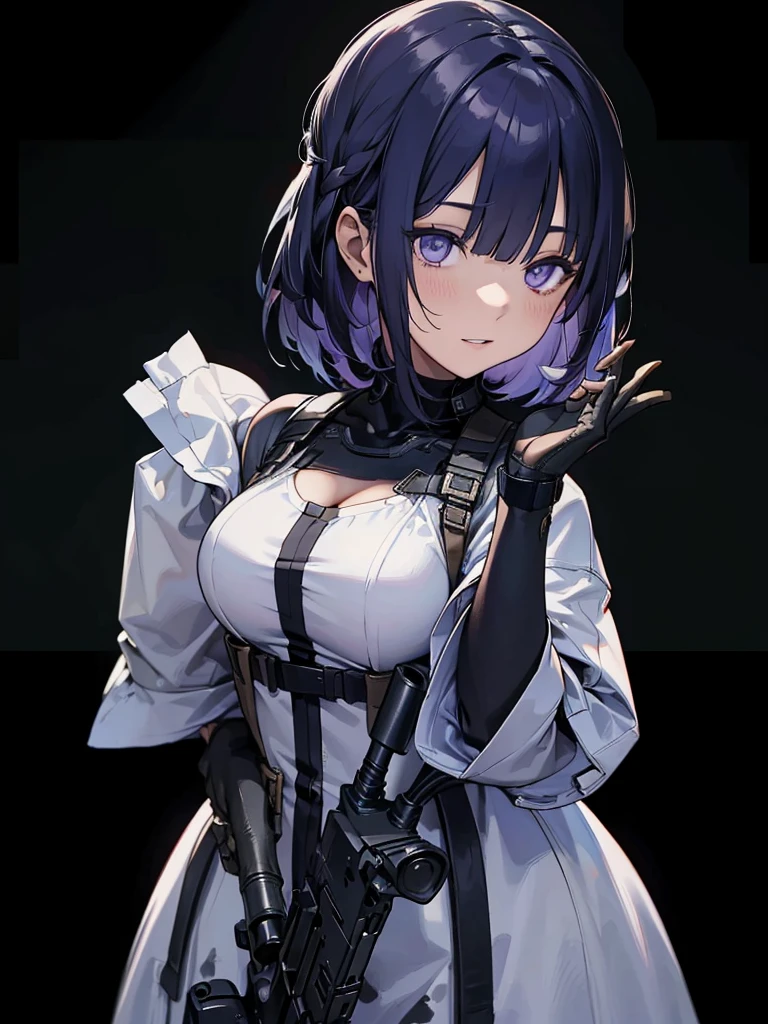 RPK-16, Carry a sniper rifle on your back,Shooting guns, Hair is blue, In the spotlight, The background is a dark and desolate landscape, Horror movie atmosphere. Her figure is very beautiful, Emphasizing the dark and crazy elements. Skillfully expressing the effects of light and shadow, detailed, The face and expression of the black costume are also carefully drawn.....,(Tilt your head:1.2), ([sketch|watercolor \(Moderate\)]:1.15),Chaotic abstract background, Vector Trace, Gradient blending and whole body, Artistic elements add depth to the work. The overall atmosphere is creepy and nightmarish....., With a unique artistic touch. This movie is、The dark and crazy world of horror movies depicted in HD., Evoke visual stimuli and aesthetic sense,((masterpiece_Portraiture)),(beautiful girl),(Pixiv),(Fantasy)