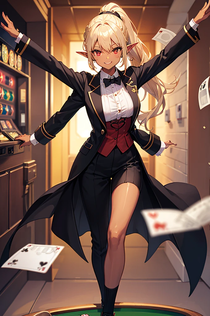 Beautiful images,Detailed Images,Official image,(Casino Background),One Woman,Blonde,Red Eyes,Ponytail Hair,Model body type,(Dark Skin:1.3),Elf Ears,Large Breasts,Spread your arms,(Black tailcoat:1.3),Smile small,Fluttering banknotes and gold coins