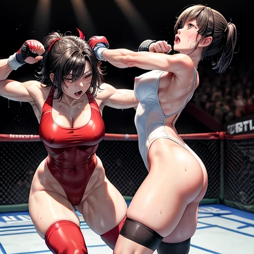 dynamic punches and punces. whole body picture. two bloody beautiful Japanese female fighters are looking at opponent's eyes. They are banging their punches against their opponents in the octagon ring. Blood is dripping from their nose. they are covered in scars and bruises. they are damaged terribry. Short-cut black hair, out of breath, drooling from mouth, one eye closed, exhausted, drenched in sweat. Erect nipples. open finger glove. high-leg leotard. Stockings. arm-warmers. Excellent proportion body.