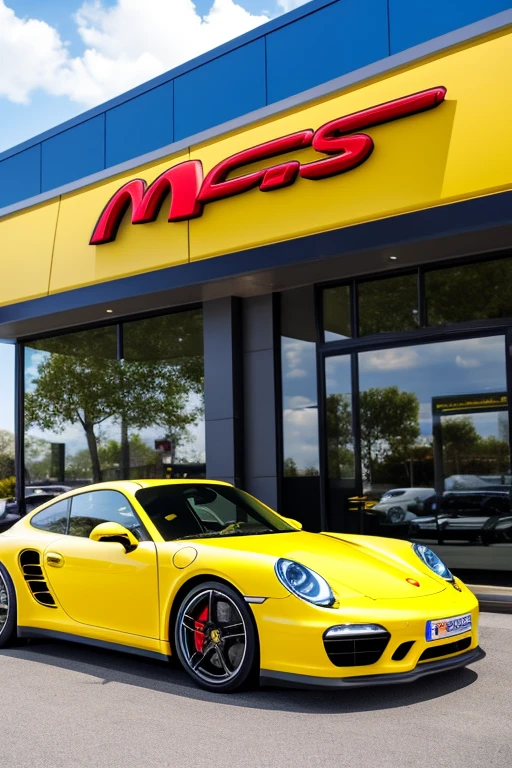 Yellow Porsche Carrera near by a MC Donald's restaurant.