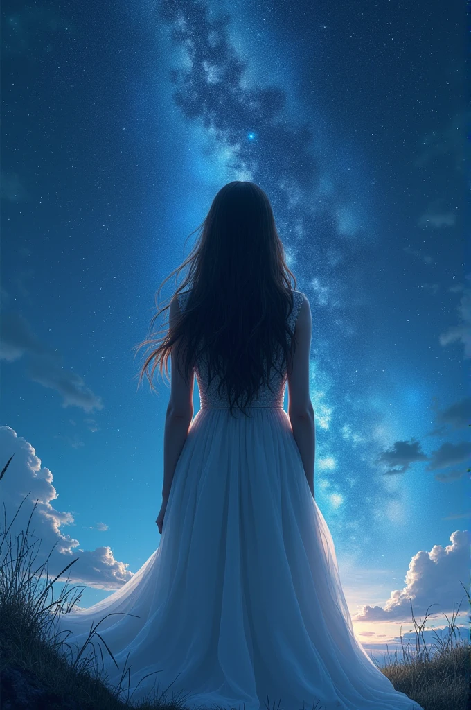 Character: A young woman with long, flowing hair, dressed in a flowing white gown. She stands with her back to the viewer, her silhouette outlined against the luminous celestial canvas.

Atmosphere: The scene should evoke a sense of solitude, contemplation, and a connection to something larger than oneself. The focus should be on the woman's silhouette and the grandeur of the night sky.