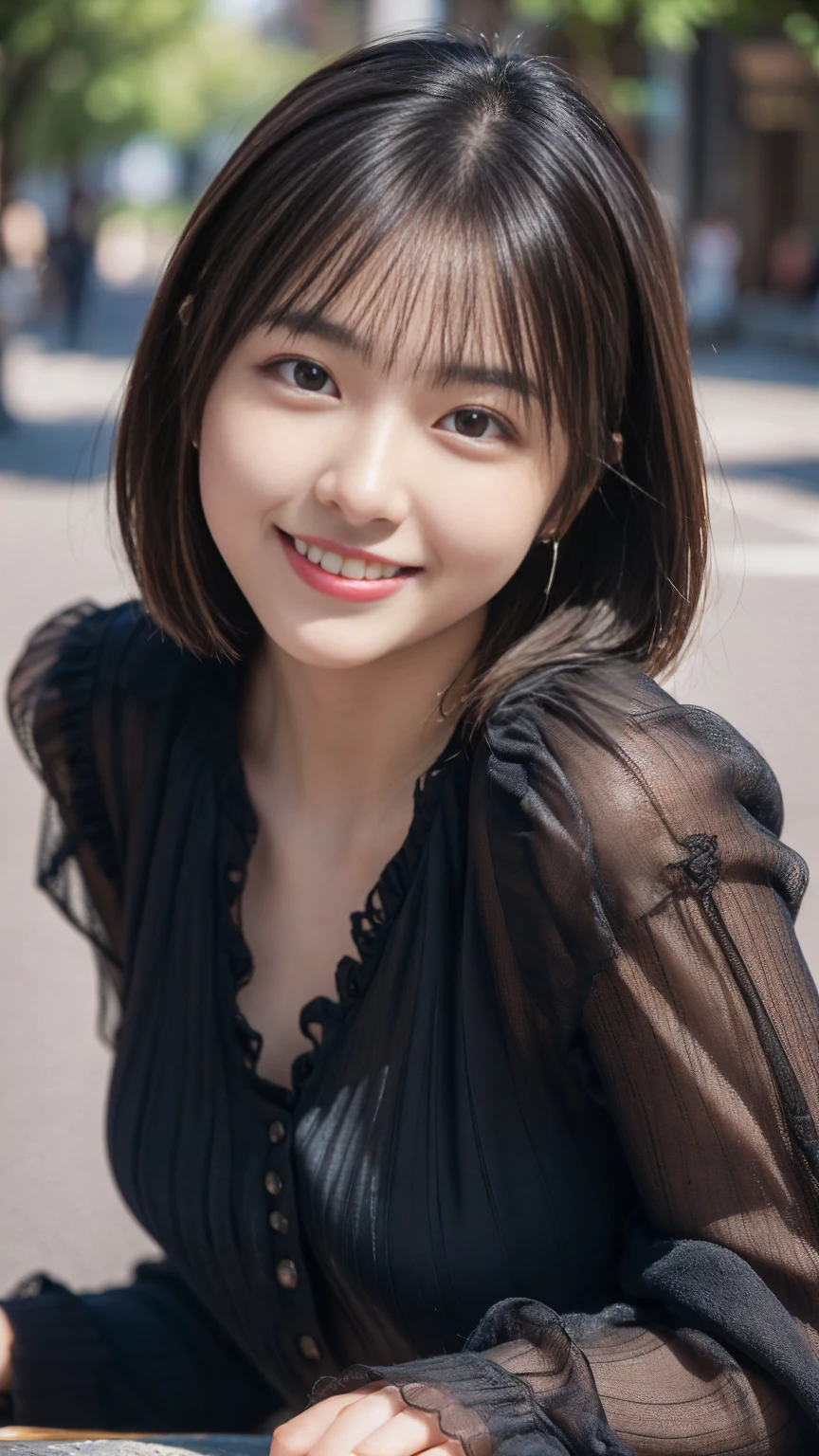 (Highest quality,masterpiece:1.3,Ultra-high resolution),(Very detailed,Caustics,8k),(Realistic:1.4,RAW shooting),1 girl,(Look at the camera with a smile),20-year-old,cute,Japanese,Short black hair,Long sleeve blouse,big ,Bust up shot,street,Face Focus,Natural light,Backlight,Professional Writing,(Low position),(Low Angle)