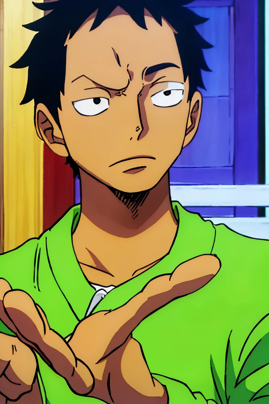 A boy with short black hair he has dark circles on his face and wears a green sweater he is very handsome