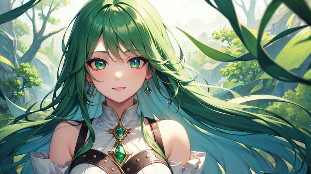 Highest quality, 8k, 4K, High resolution, High Contrast,1girl,only,Beautiful green hair,(Beautifully detailed face), Green clear eyes, beautiful eyes, Happy expression, Moderate bust, 20generation, Emerald Ring, Beautiful Gems, Based on light green, Precise and beautiful scenery, Beautiful plains, Private Server