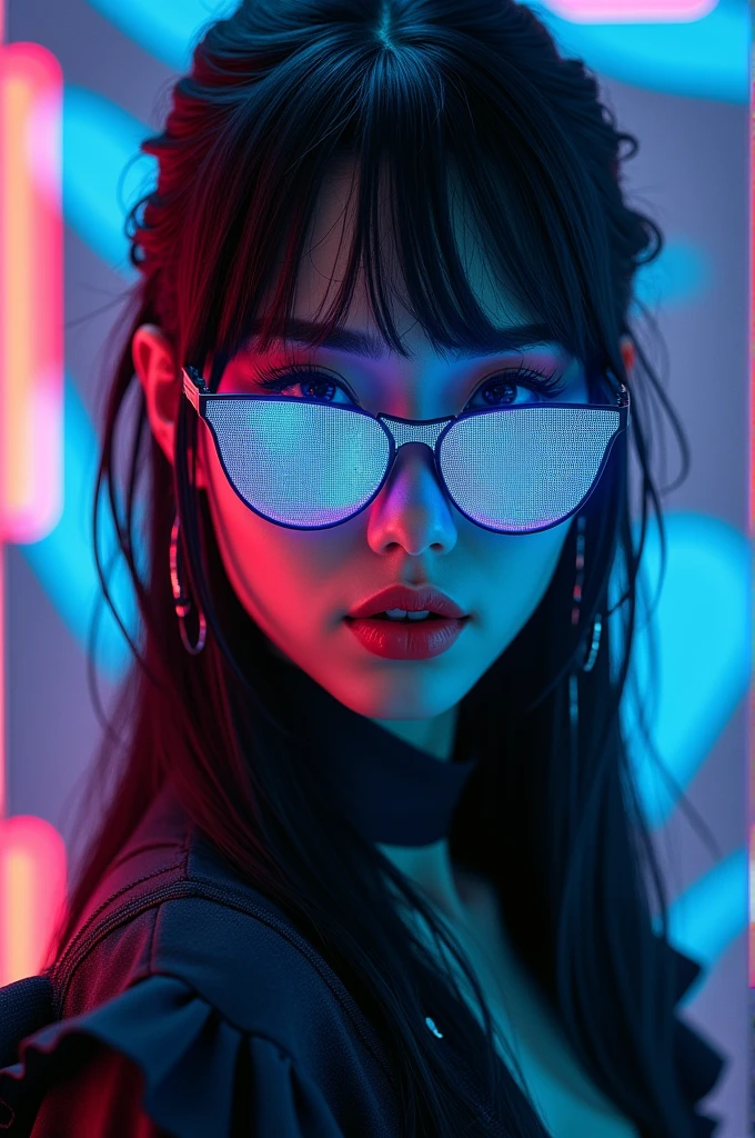 Portrait of an attractive beautiful woman with black hair wearing gothic costume, Hyper-detailed eyes and use of high-tech sunglasses with holographic display 1.2) ,Beautiful multidimensional geometric wall, Vibrant vivid color coloring