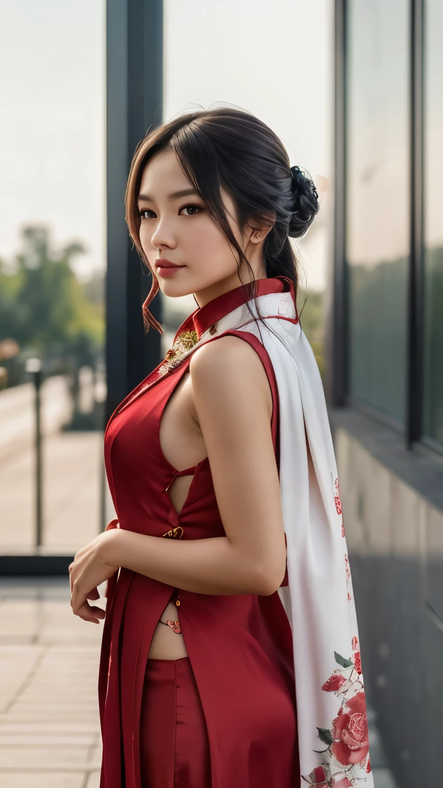 best quality, masterpiece, highres, 1girl, china hanfu,chinese architect background, red scarf, hair ornament,necklace, jewelry,Beautiful face,upon_body, tyndall effect,photorealistic, dark studio, rim lighting, two tone lighting,(high detailed skin:1.2), 8k uhd, dslr, soft lighting, high quality, volumetric lighting, candid, Photograph, high resolution, 4k, 8k, Bokeh,red dress girl