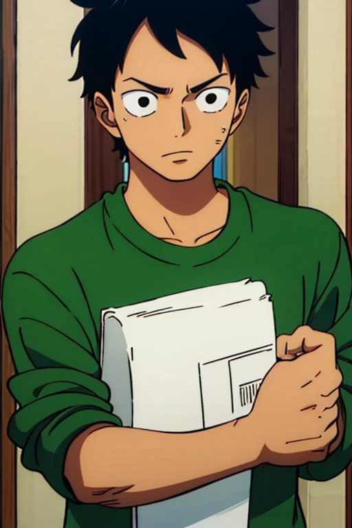 A boy with short black hair he has dark circles on his face and wears a green sweater he is very handsome