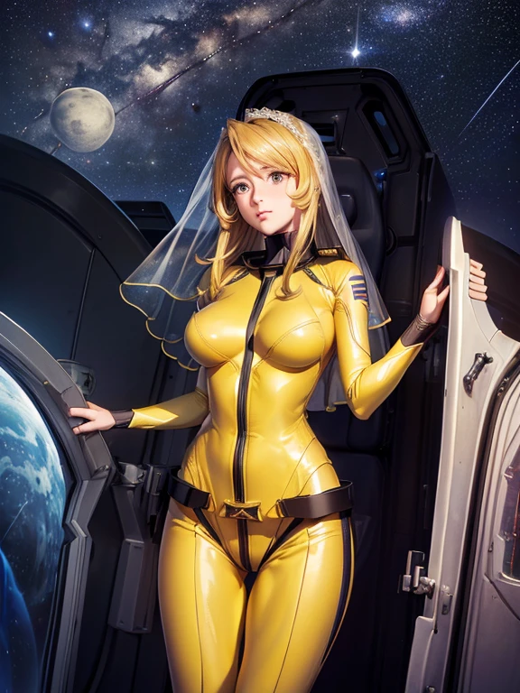 (masterpiece, best quality:1.2), (Wearing a wedding veil, marriage proposals:1.2), (cowboy shot:1.1), awesome solo, 1girl, mori yuki, slight smile, closed mouth, looking at viewer, blonde hair, thigh gap, (skin tight yellow bodysuit:1.4), leaning forward, yellow bodysuit, skin tight, belt, Elegant body, (large starship porthole:1.3), from front, (spread legs:1.1), ((Weightlessness, Floating in the air:1.2)), starship interior, (outer space view:1.3), (night, beautiful moon:1.4, stary sky:1.3), milky way, (((very beautiful view of space:1.3))), high quality texture