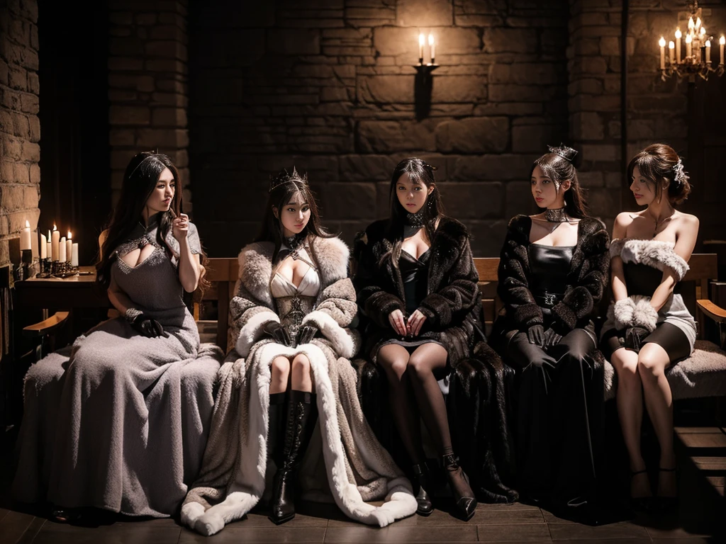 (((Fur Mistress)))。dress、Four women。Holding a whip、Gloves、Watching the audience、(((The dungeons of the old castle)))Fur coat。