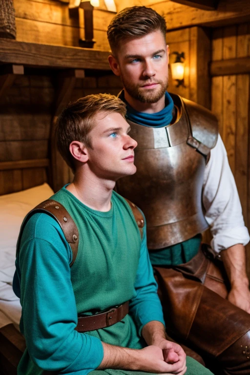 Photo-realistic. A pleased, 16-year-old, handsome, muscular Caucasian man with fade-cut, brown hair, and blue eyes, wearing shabby, sleeveless, leather armor, with metal shoulder guards, boasting, as he tells a dramatic story to a 15-year-old, lean, Caucasian peasant man, with short, brown hair, and blue eyes, in a blue and green tunic, listening in wonder, sitting next to each other on a simple bed, in a rustic inn room, at night.