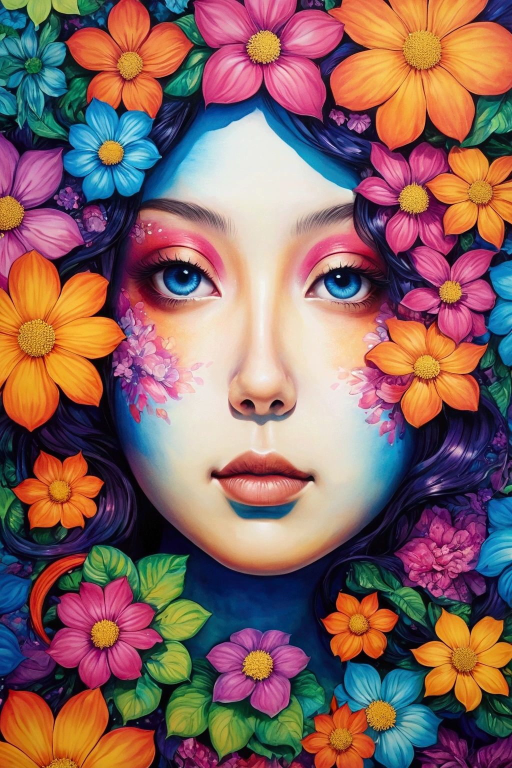 (Psychedelic Art:1.5),(View from below:1.2),white,Background blue,Upper Body,close your eyes,Shiba Inu,There are colorful flowers,