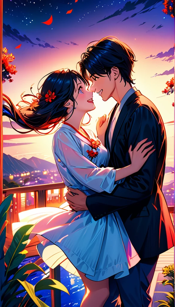 (Highest quality,Very detailed,Realistic:1.37),humor,Comic book style,Bold,Vibrant colors, Close to cool colors,Desaturate,Beautiful night view, A girl and a boy, Fun couple, Laughter, floating love,