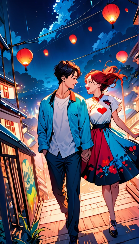 (Highest quality,Very detailed,Realistic:1.37),humor,Comic book style,Bold,Vibrant colors, Close to cool colors,Desaturate,Beautiful night view, A girl and a boy, Fun couple, Laughter, floating love,