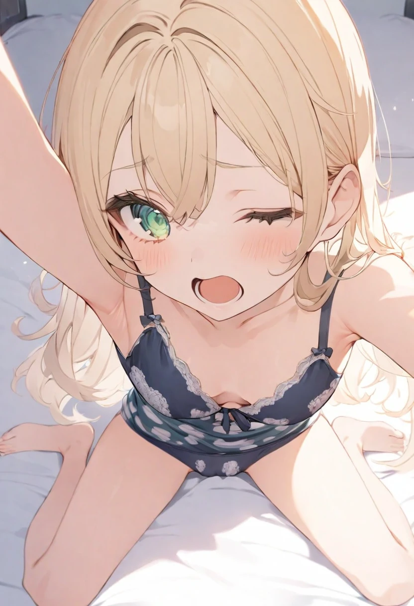 (muste piece), (best quality), (score_9, score_8_up, score_7_up), very detailed eyes, expressive eyes, perfect face, very detailed face, highly detailed face, beautiful girl, 8K, beautiful girl, white background, delicate and beautiful face and eyes, dark intense shadow, Ultra-high resolution, Movie Lighting, (Fuji Color: 1.2) portrait,
1 girl, vtuber style, cool girl, hololive, vtuber, kazama iroha, blonde hair, green eyes, messy hair, pajamas, unbuttoned pajamas, bra, messy pajamas, close one eye, look up, small chest, cleavage, underpants, cameltoe, clavicle, yawned and stretched, one arm up, armpit, (full body), slpeey, sitting on bed, indian style,