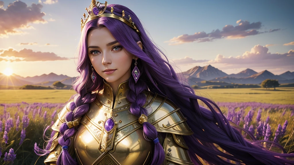 Beautiful Caucasian woman. Just a woman. Alone. One character. Queen. Medieval western woman. Long hair with 1 braid. Purple hair. Bright purple eyes. Warrior woman. She is wearing shiny gold armor with several purple details. On her head the woman has a delicate gold crown with purple jewels. The woman has a cheerful expression. Looking straight ahead. Front portrait. She is standing in a large field during a sunny day. Dynamic light. Dynamic shadows.