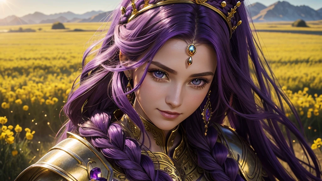 Beautiful Caucasian woman. Just a woman. Alone. One character. Queen. Medieval western woman. Long hair with 1 braid. Purple hair. Bright purple eyes. Warrior woman. She is wearing shiny gold armor with several purple details. On her head the woman has a delicate gold crown with purple jewels. The woman has a cheerful expression. Looking straight ahead. Front portrait. She is standing in a large field during a sunny day. Dynamic light. Dynamic shadows.