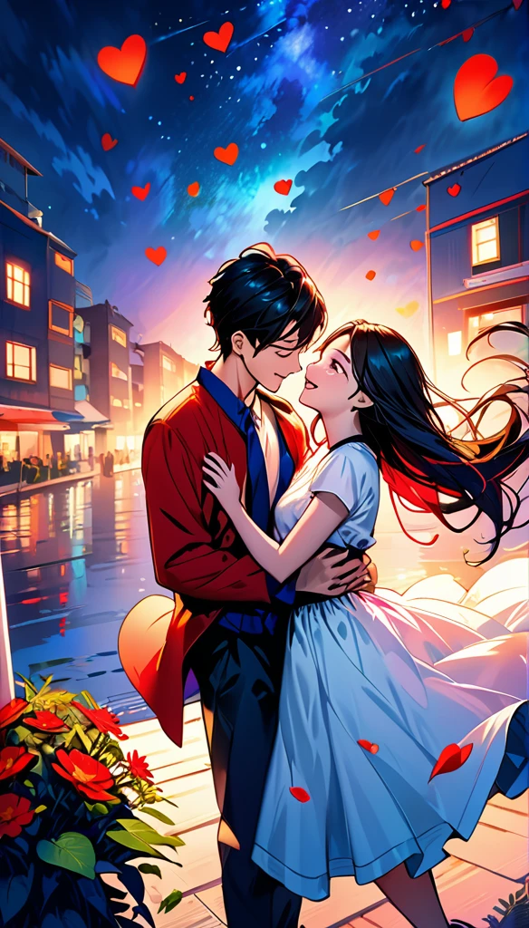 (Highest quality,Very detailed,Realistic:1.37),humor,Comic book style,Bold,Vibrant colors, Close to cool colors,Desaturate,Beautiful night view, A girl and a boy, Fun couple, Laughter, floating love,