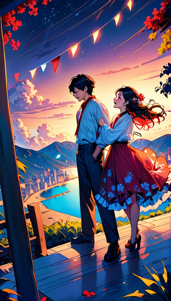 (Highest quality,Very detailed,Realistic:1.37),humor,Comic book style,Bold,Vibrant colors, Close to cool colors,Desaturate,Beautiful night view, A girl and a boy, Fun couple, Laughter, floating love,