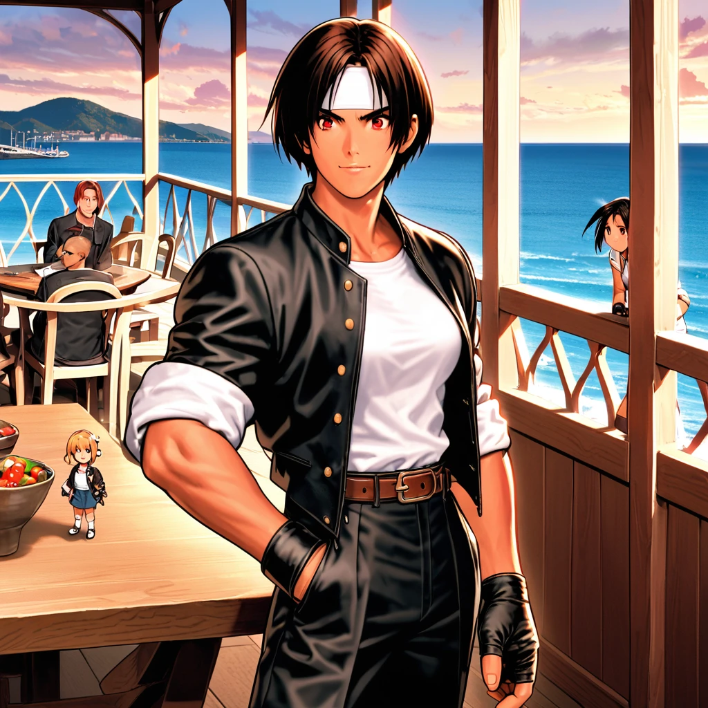 Orochikyo,One person,woman,short hair,Dark Skin,Red eyes,(Black jacket with rolled up sleeves),Fingerless gloves,White T-shirt, (White headband on forehead),Black pants,White shoes,Brown belt,cute,Indoor person,Charm Points,Ocean View,Slightly large breasts,Outdoor,High quality,Handsome,Confident and surprised face,Dining with friends on the terrace,Lively atmosphere