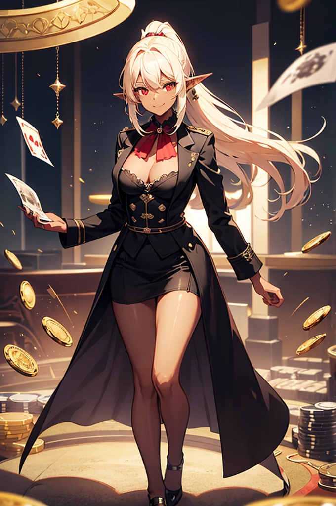 Beautiful images,Detailed Images,Official image,(Casino Background),One Woman,Blonde,Red Eyes,Ponytail Hair,Model body type,(Dark Skin:1.3),Elf Ears,Large Breasts,(Black tailcoat:1.3),Smile small,Fluttering banknotes and gold coins