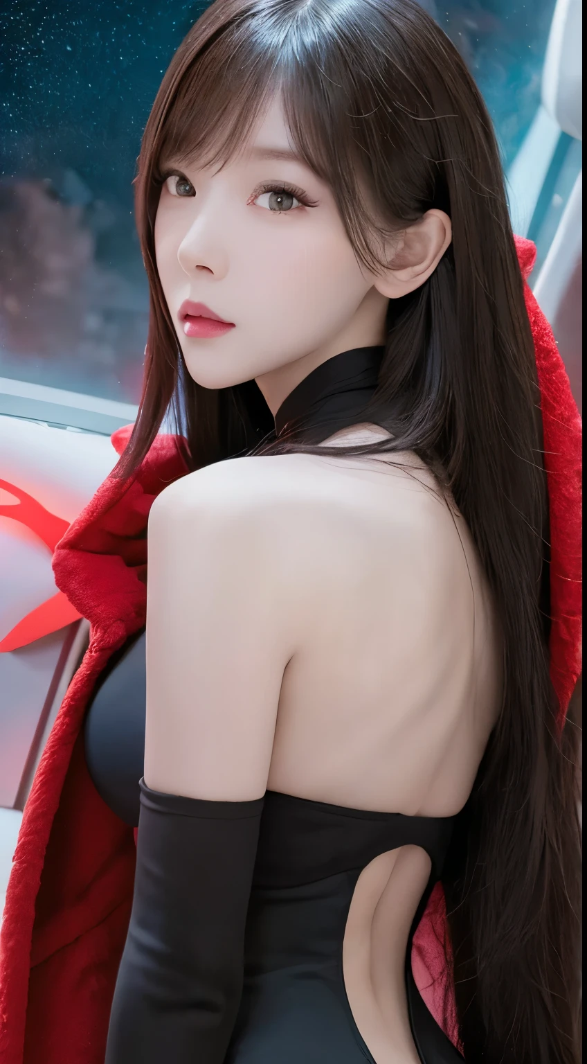 a beautiful woman with an oval face, large eyes, long eyelashes, bangs, cool and arrogant, detailed photorealistic portrait, ultimate face, realistic lighting and shadows, starry eyes, she has loose long black hair down to her waist, (flowing hair), (black starry background), upper body, medium bust, swan neck, looking back, beautiful, (highest quality, 4k, 8k, detailed, masterpiece:1.2), cinematic, high quality CG, 8K resolution, mechanical suit, jumping, (ultra-detailed), red cloak, dark planet background, space, dramatic scene, safe