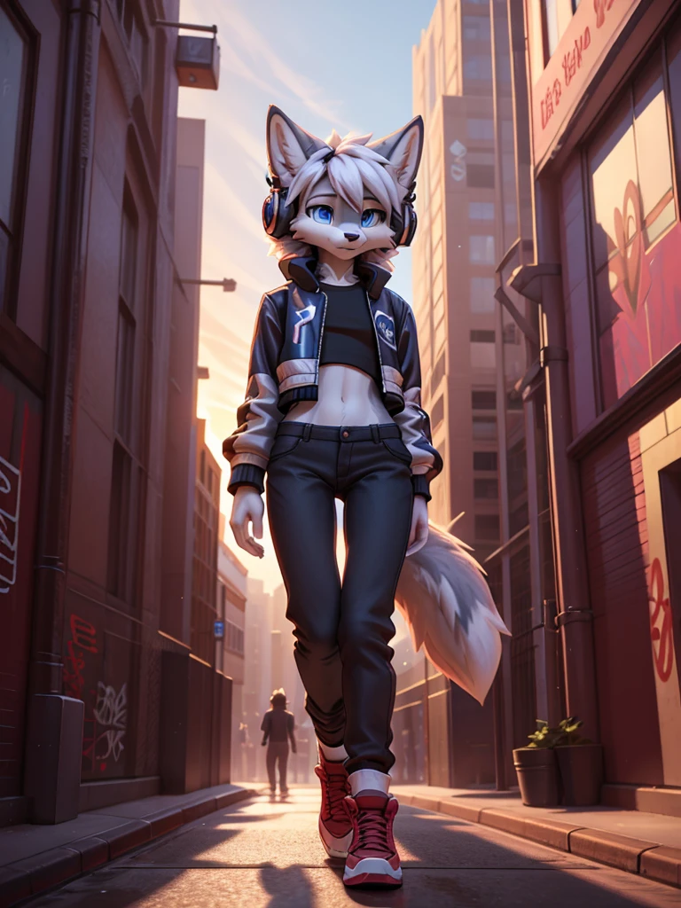 **Prompt:** A beautiful, (masterpiece), high quality, perfect lighting, highly detailed CG Unity 8k wallpaper, high resolution, perfect lighting, youthful, adolescent, tall, slim, skinny, frail slender figure, slim legs, distinctly feminine figure, narrow hips, long legs, close-up shot anthropomorphic wolf character, distinctly feminine figure, narrow hips, long legs, thick, fluffy, volumetric fur, cinematic high fidelity 3D CAD Model style. ice blue eyes, silver-gray fur with white streaks. wearing fitted bomber jacket, high-waisted plaid trousers, sneakers. standing in bustling city square, focused expression, headphones on, music loud, people walking by, urban environment, graffiti on walls, sunset light casting long shadows.