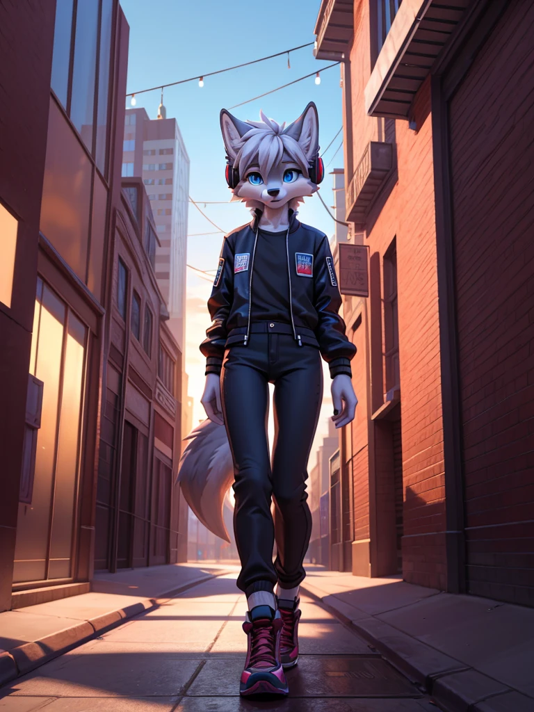 **Prompt:** A beautiful, (masterpiece), high quality, perfect lighting, highly detailed CG Unity 8k wallpaper, high resolution, perfect lighting, youthful, adolescent, tall, slim, skinny, frail slender figure, slim legs, distinctly feminine figure, narrow hips, long legs, close-up shot anthropomorphic wolf character, distinctly feminine figure, narrow hips, long legs, thick, fluffy, volumetric fur, cinematic high fidelity 3D CAD Model style. ice blue eyes, silver-gray fur with white streaks. wearing fitted bomber jacket, high-waisted plaid trousers, sneakers. standing in bustling city square, focused expression, headphones on, music loud, people walking by, urban environment, graffiti on walls, sunset light casting long shadows.
