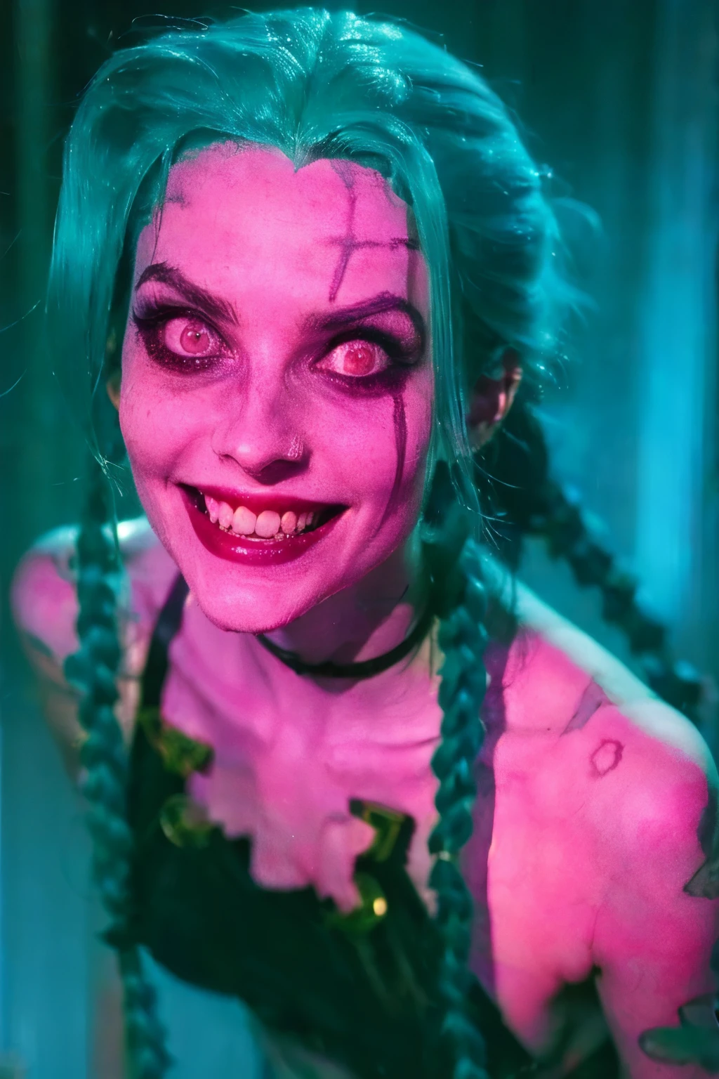Hyper realistic super detailed Jinx cosplay , ((Young girl, )), Very detailed, (hyper realistic: 1.4), in dynamic pose, (((psycho face, creppy smiling))), twin braids, long hair, blue hair, red eyes, tattooed, ((skinny Body)), ((angry face)), arcane style. ((Cinematic Explosion background, cinematic lighting)).