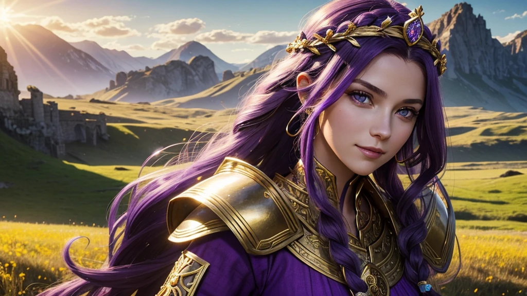 Beautiful Caucasian woman. Just a woman. Alone. One character. Queen. Medieval western woman. Long hair with 1 braid. Purple hair. Bright purple eyes. Warrior woman. She is wearing shiny gold armor with several purple details. On her head the woman has a delicate gold crown with purple jewels. The woman has a cheerful expression. Looking straight ahead. Front portrait. She is standing in a large field during a sunny day. Dynamic light. Dynamic shadows.