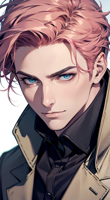 (best quality,4k,8k,highres,masterpiece:1.2),ultra-detailed,(realistic,photorealistic,photo-realistic:1.37),1 man,31 years old,mature man,very handsome,without expression,smile,short pink hair,blue eyes,penetrating gaze,perfect face without errors,imposing posture,businessman,office background,cinematic lighting,hdr image